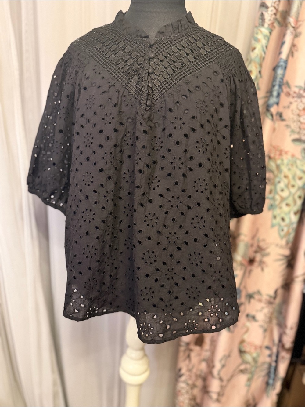 ADIVA Black Eyelet Lace Puff Sleeve Blouse Size XL NWT Romantic Boho